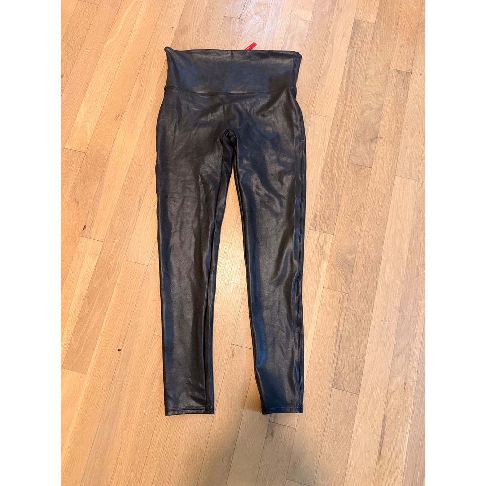 Spanx Faux Leather Leggings Black High Waist Shaping Size Large Petite L/G P